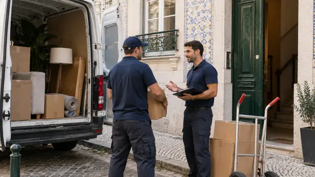 Two removal workers discussing a household move beside an unbranded van and hand trolley.