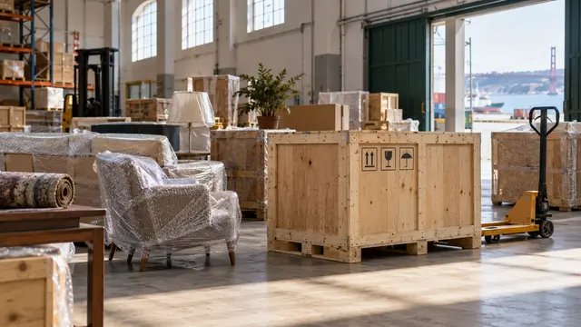 A wooden shipping crate and carefully wrapped household furniture in a clean logistics warehouse.