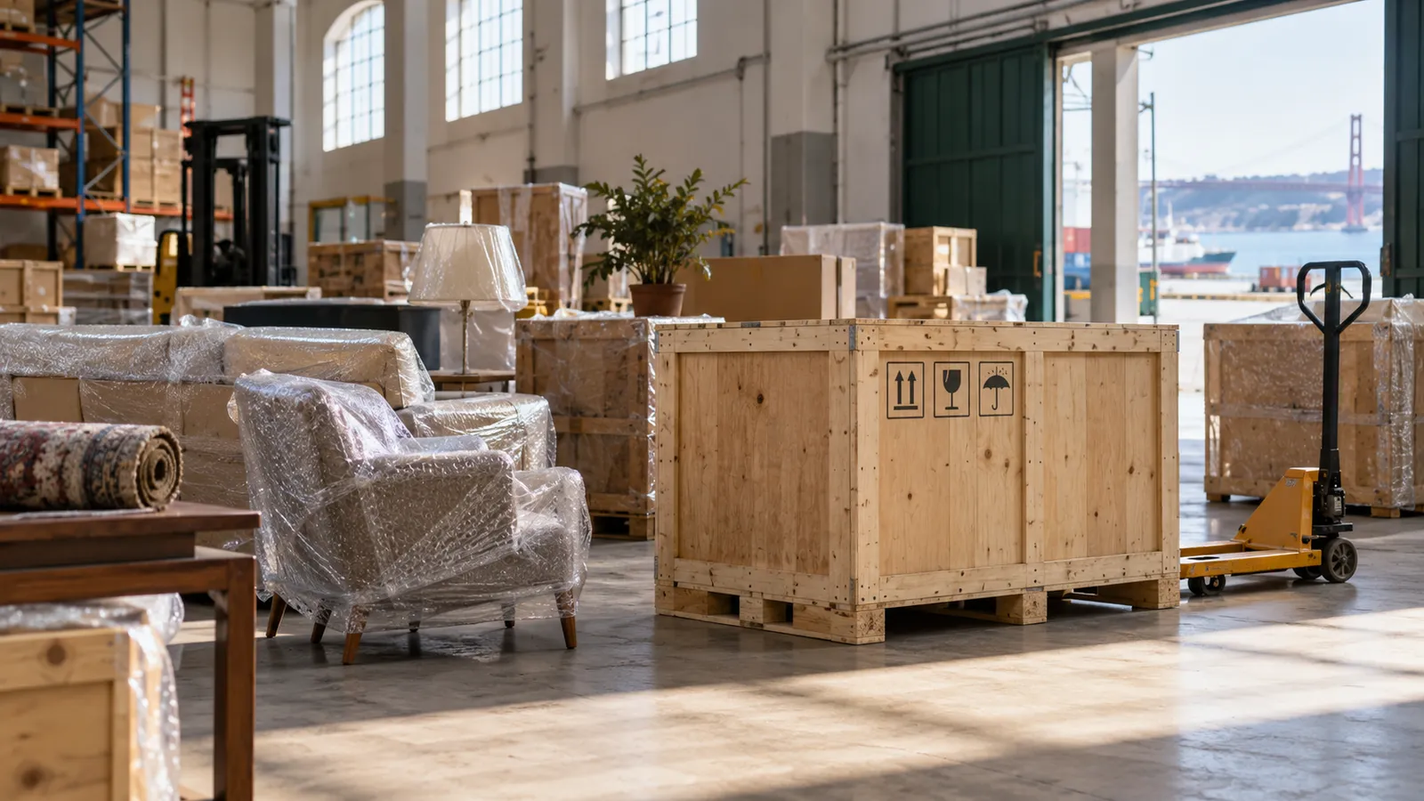 A wooden shipping crate and carefully wrapped household furniture in a clean logistics warehouse.