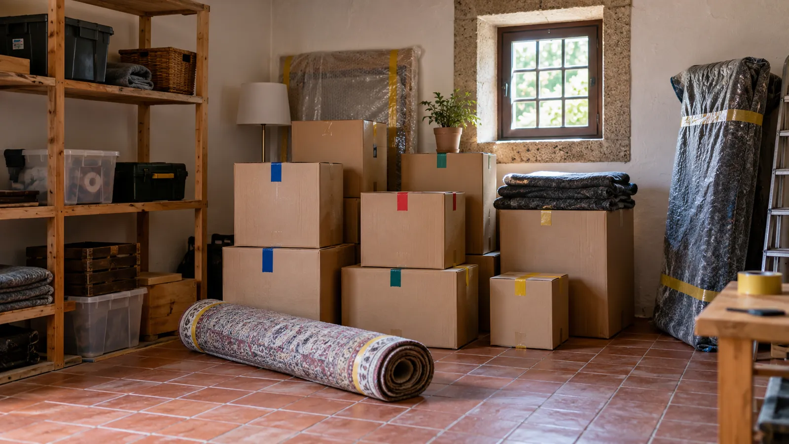 Neatly packed moving cartons stacked safely in a dry storage room.