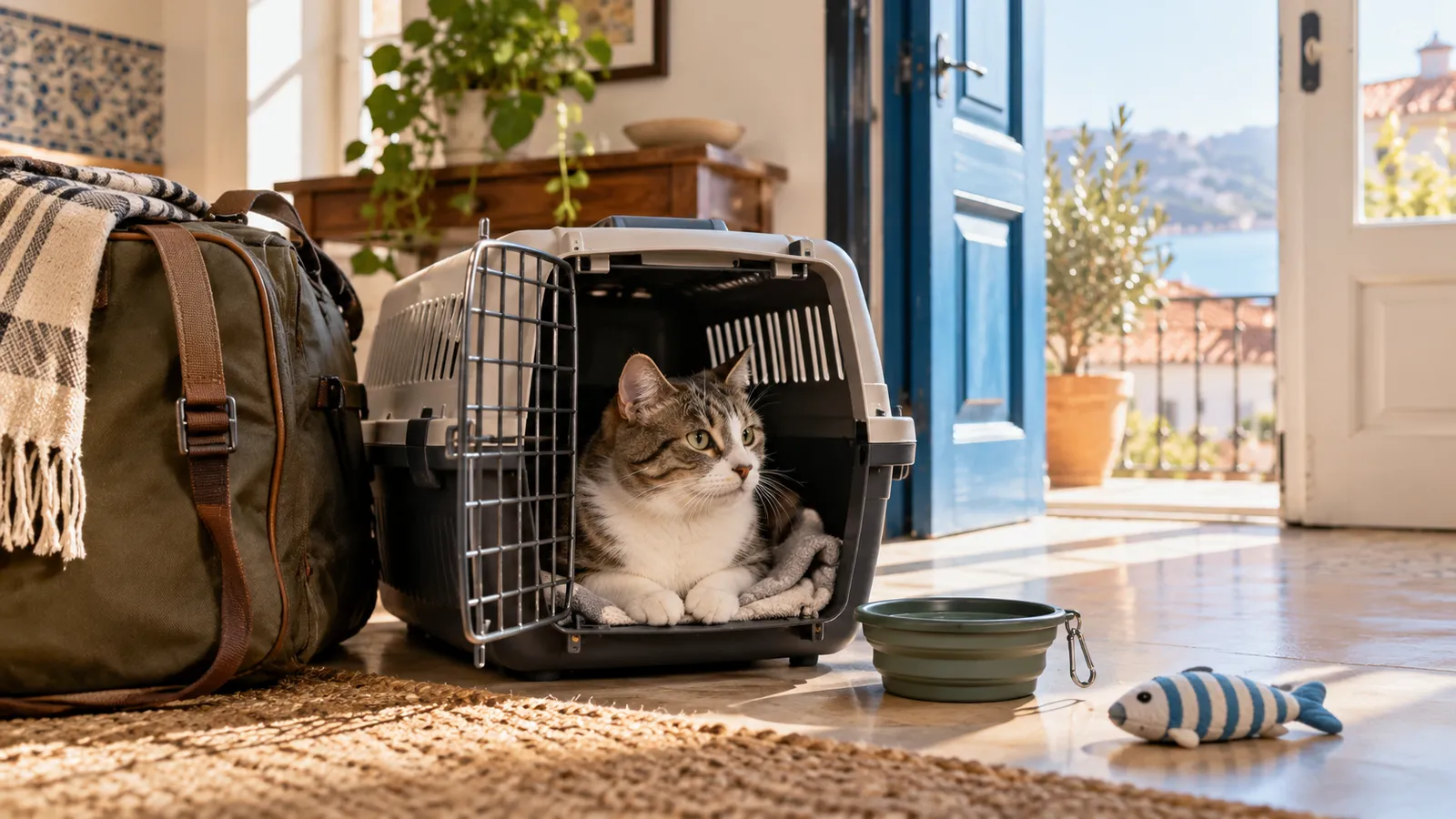 A calm pet cat in an open airline-style carrier beside a travel bag in a bright home.