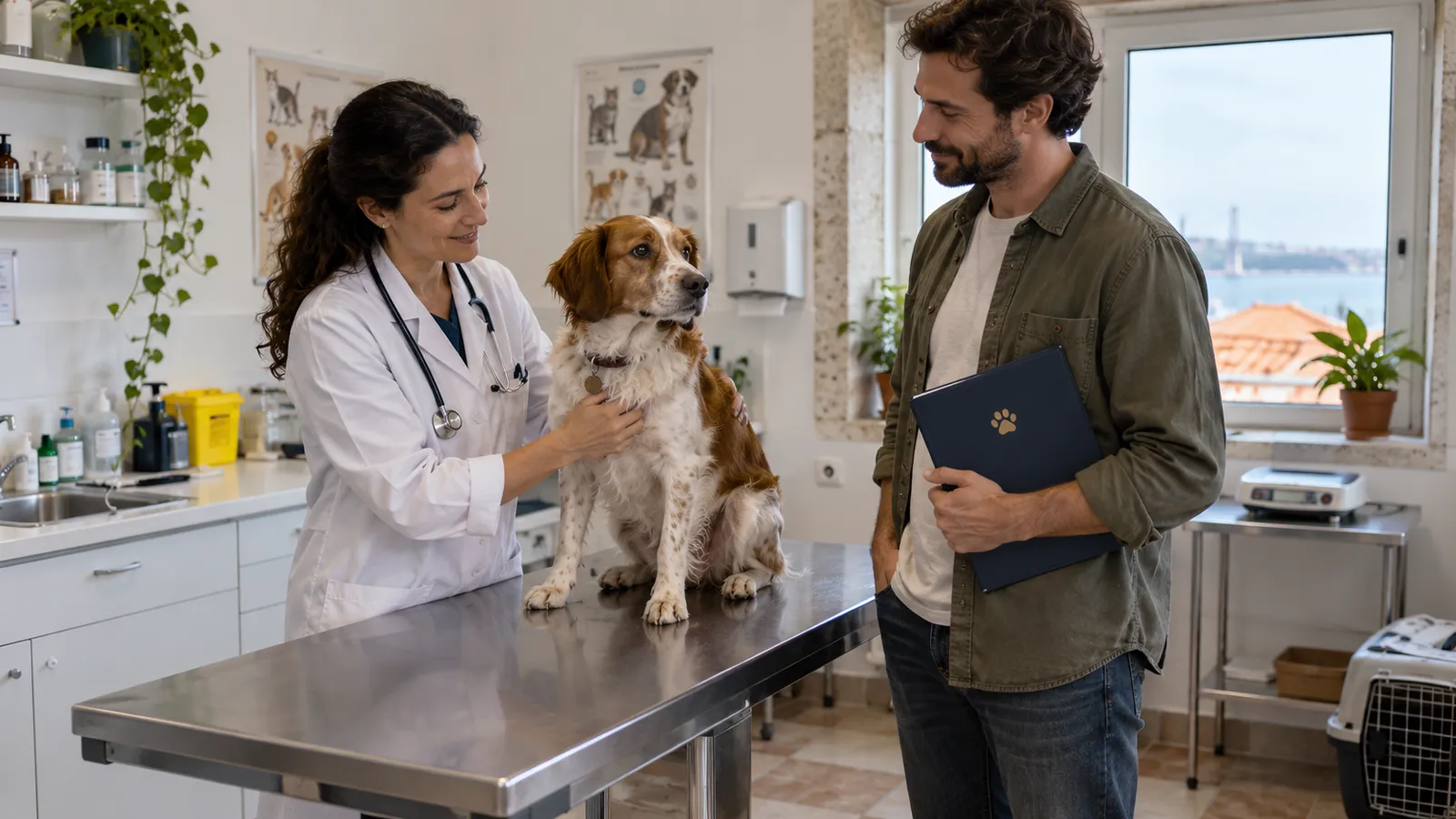 A veterinarian checking a calm dog in an ordinary consultation room while an owner stands nearby with a closed pet document folder.