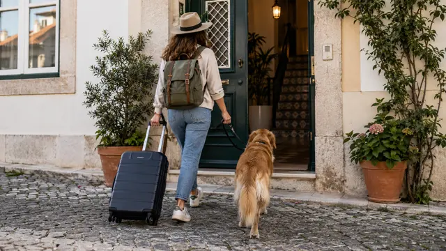 A traveller with a leashed dog and suitcase approaching a pet-friendly-looking Portuguese apartment entrance.