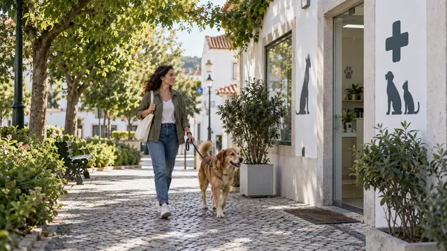 A resident walking a dog along a leafy Portuguese neighbourhood path near a small veterinary clinic exterior.