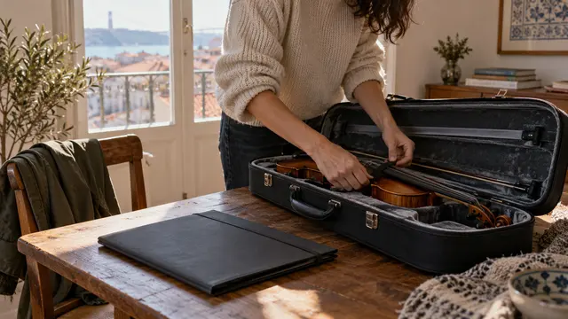 Careful packing of a fragile musical instrument in a padded hard case beside a closed plain document folder.