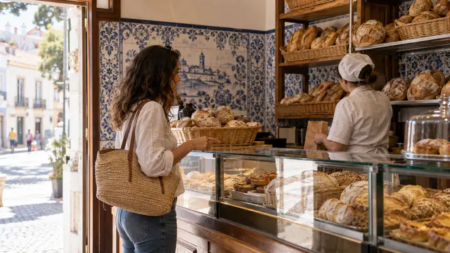 A newcomer politely ordering bread at a neighbourhood Portuguese bakery counter.