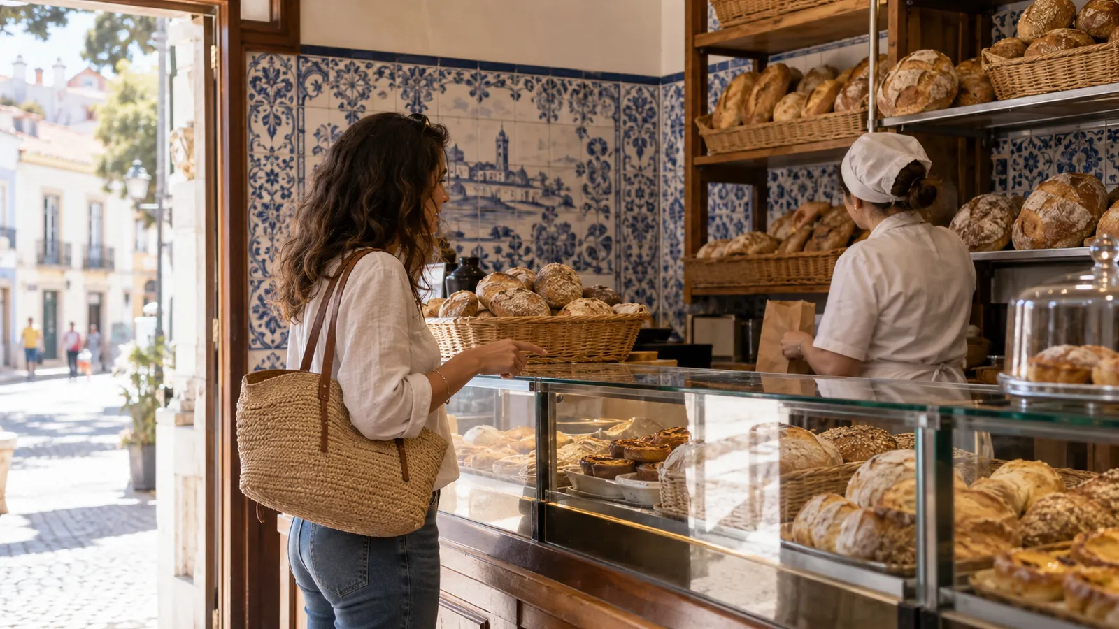 A newcomer politely ordering bread at a neighbourhood Portuguese bakery counter.