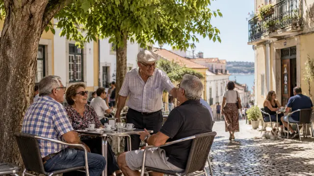 An ordinary Portuguese lunch-time cafe terrace with neighbours greeting each other.