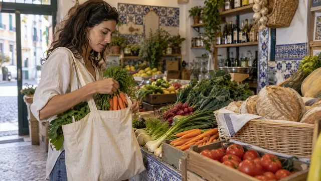 A shopper filling a reusable bag with fresh vegetables at a small Portuguese produce shop.