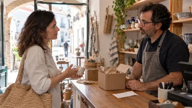 An adult calmly discussing a purchase issue at a small shop counter with receipt face-down and product packaging unbranded.