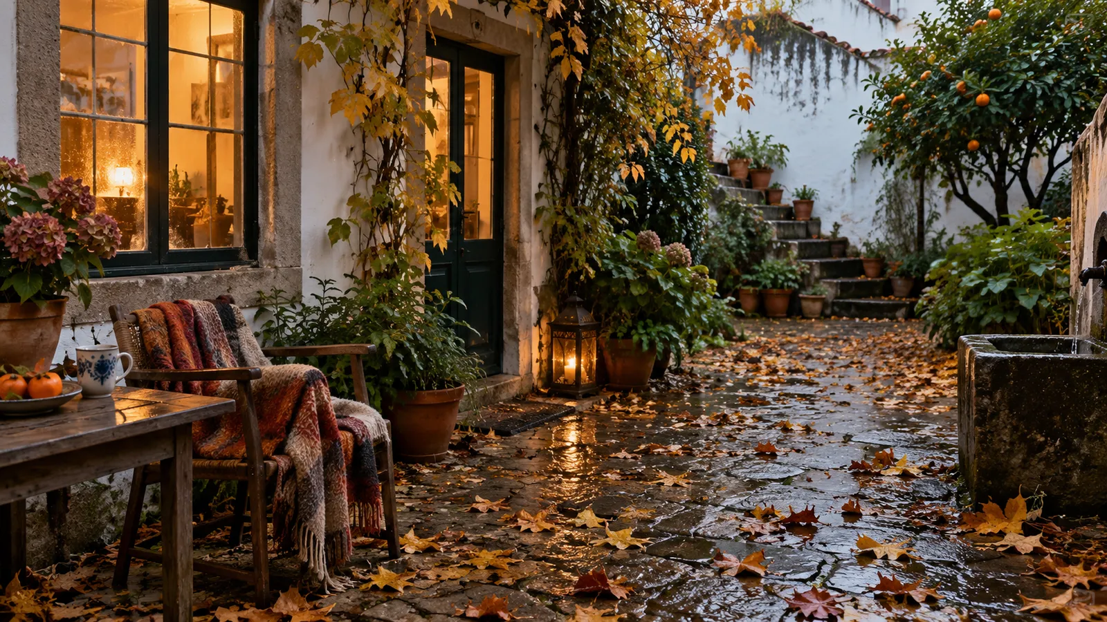 A Portuguese courtyard in autumn with fallen leaves.