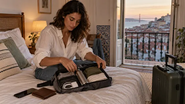 A traveller opening a small arrival essentials bag on an apartment bed: charger.