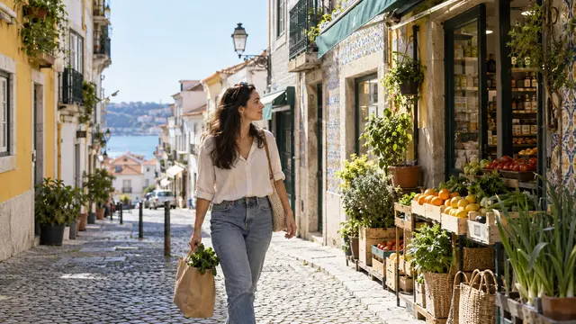 A newcomer walking through a Portuguese neighbourhood carrying a small grocery bag and looking towards local shops.