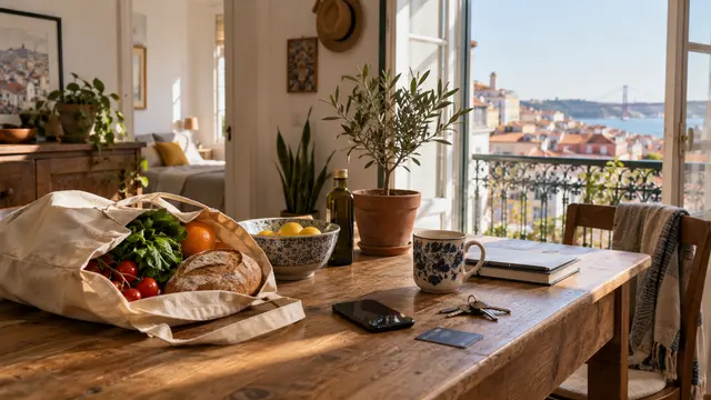 A lived-in home table with a few newly acquired everyday items.