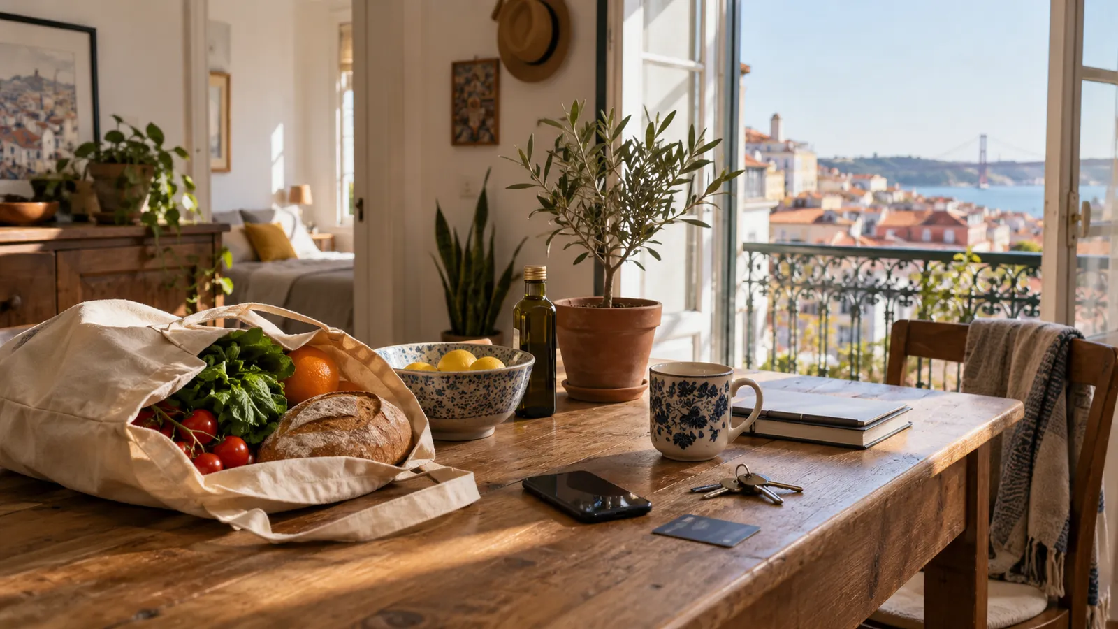 A lived-in home table with a few newly acquired everyday items.