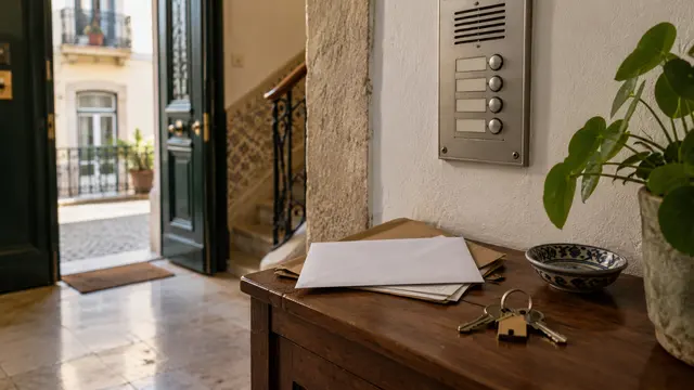 New address paperwork in a plain envelope beside an apartment intercom and a ring of keys on a small entry table.