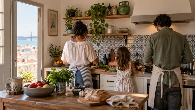 A family cooking a simple meal together in a new Portuguese kitchen.