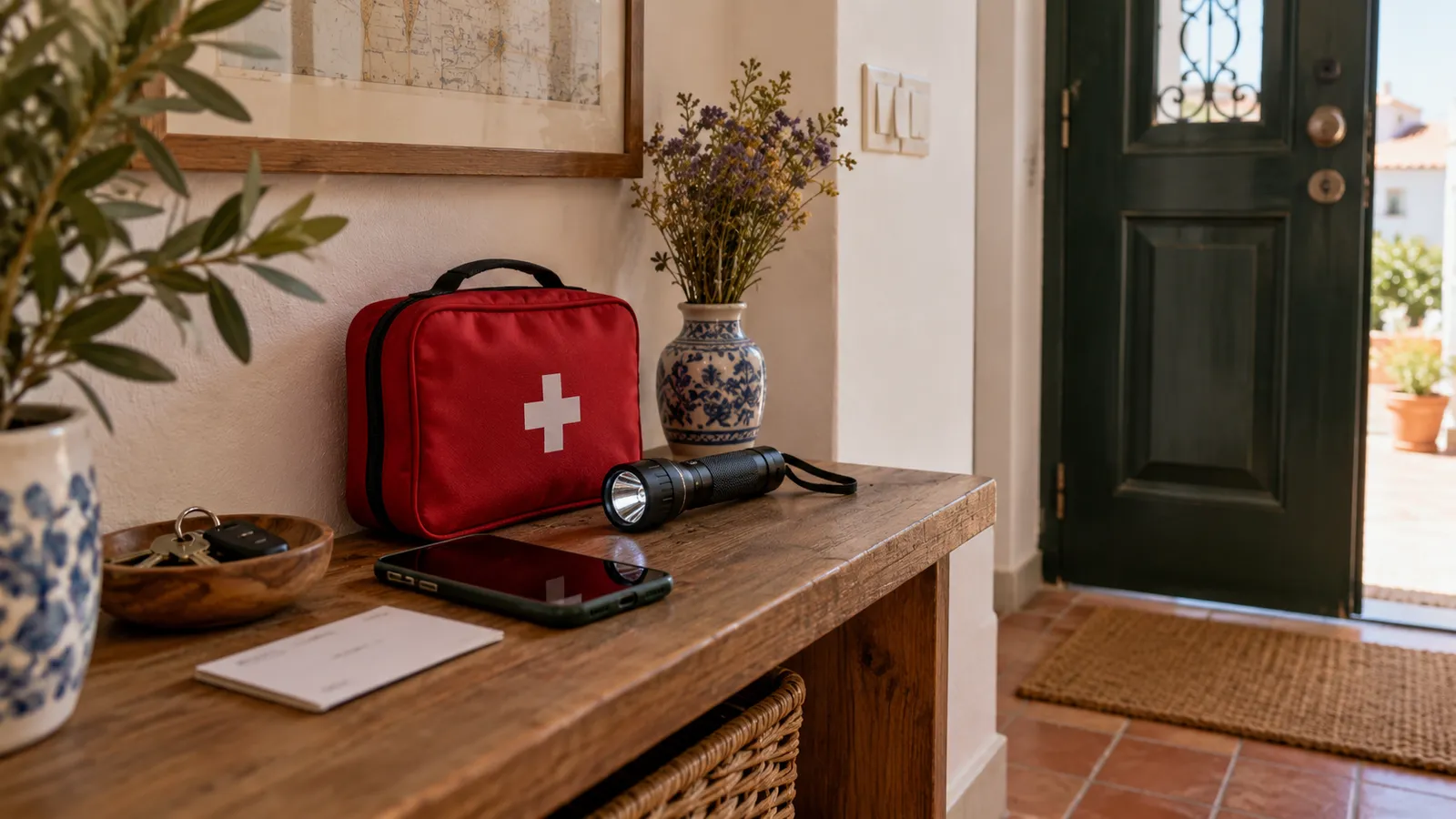 An organised household emergency corner with a closed first-aid pouch.