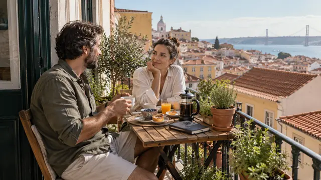 Two adults reflecting on their move over breakfast on a small balcony.
