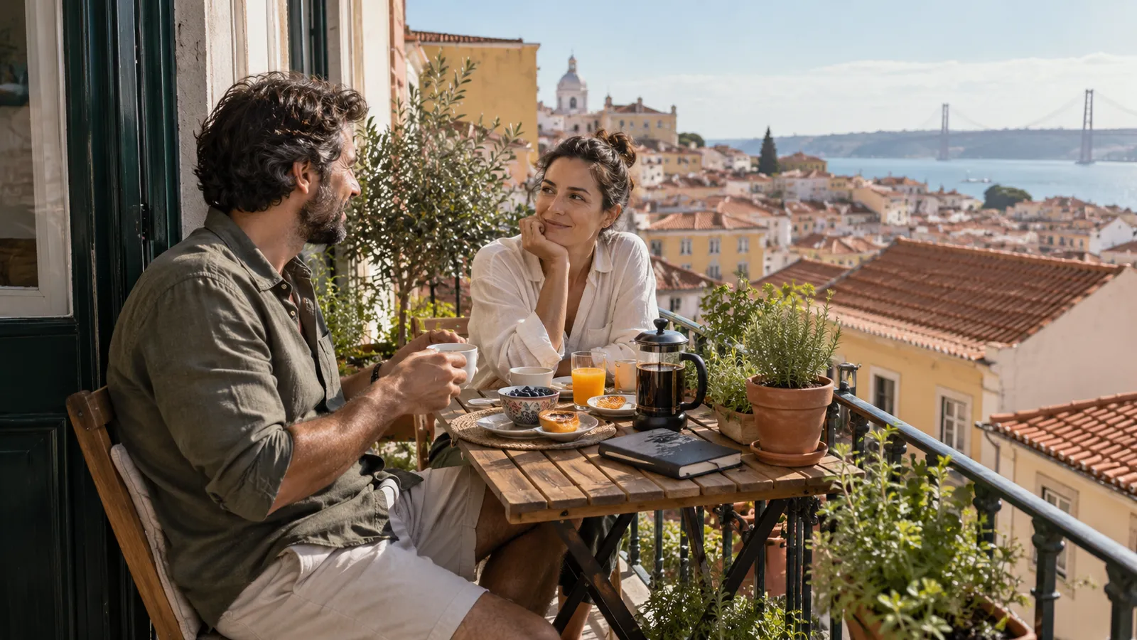 Two adults reflecting on their move over breakfast on a small balcony.