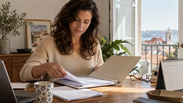 An adult keeping residence papers organised in a plain folder at an uncluttered home desk.