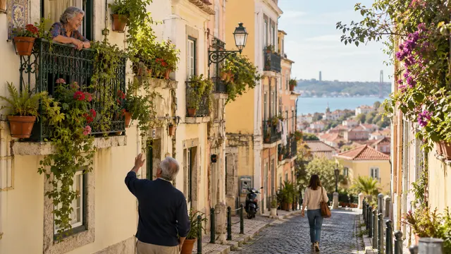 A long-established Portuguese neighbourhood with mature plants on balconies.