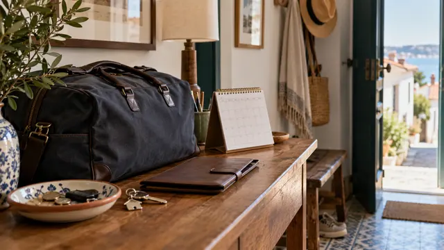 A closed travel bag beside a domestic calendar with blank squares.