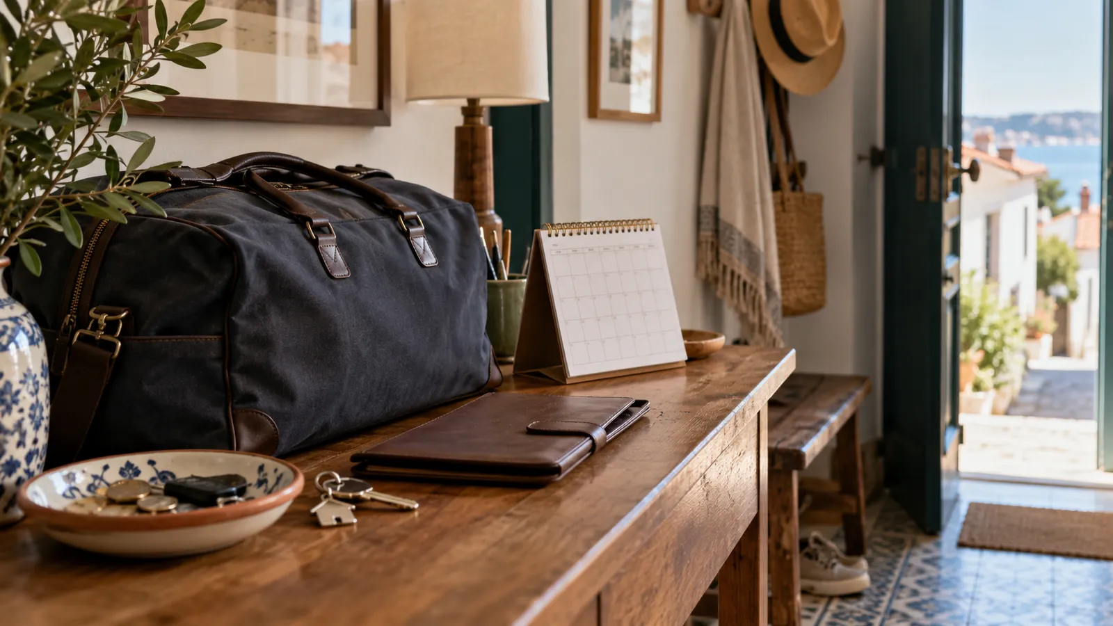 A closed travel bag beside a domestic calendar with blank squares.