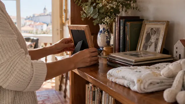 A home shelf being rearranged with a new framed family photograph facing away and a small baby blanket folded beside old albums.