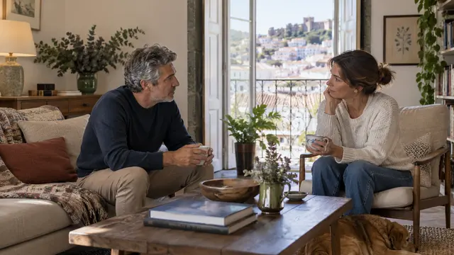 A quiet supportive conversation between two adults in a calm living room.