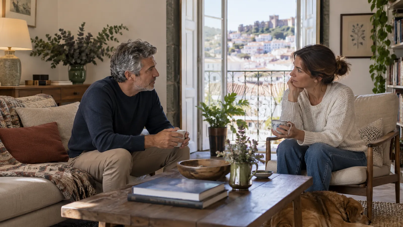 A quiet supportive conversation between two adults in a calm living room.