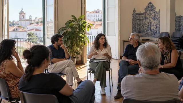 Residents attending a small community meeting in a Portuguese neighbourhood hall.