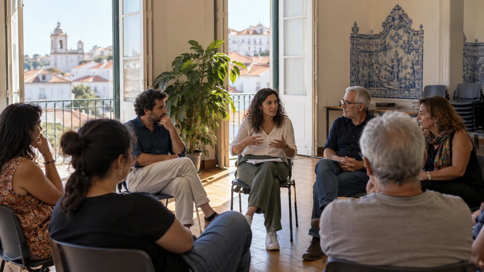 Residents attending a small community meeting in a Portuguese neighbourhood hall.