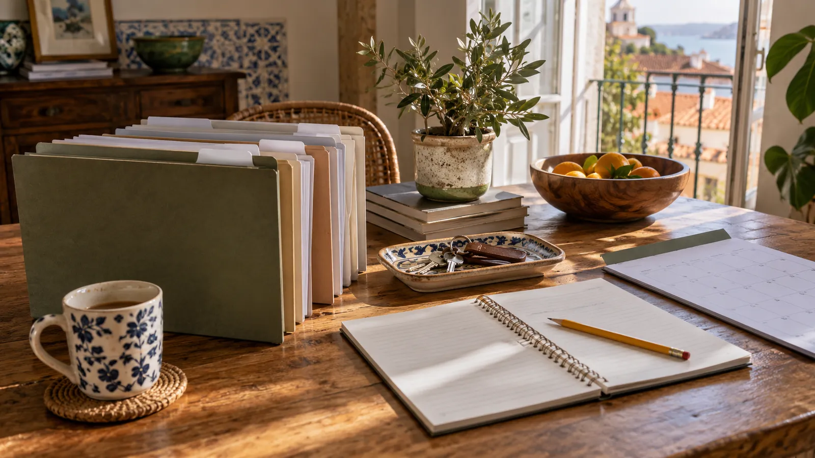 A year-end home administration review with organised blank-tabbed folders.