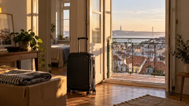 A final travel case beside the open doorway of a tidy Portuguese apartment.