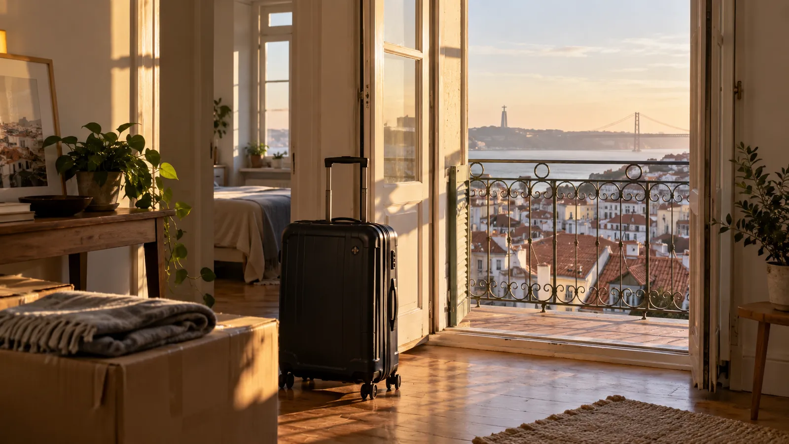 A final travel case beside the open doorway of a tidy Portuguese apartment.
