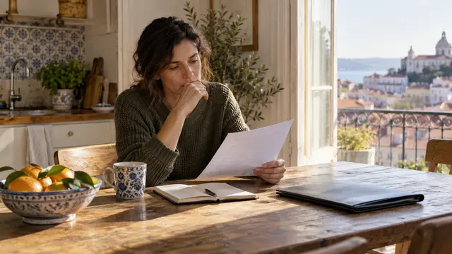 An adult reading a letter at a kitchen table with a notebook and closed document folder.