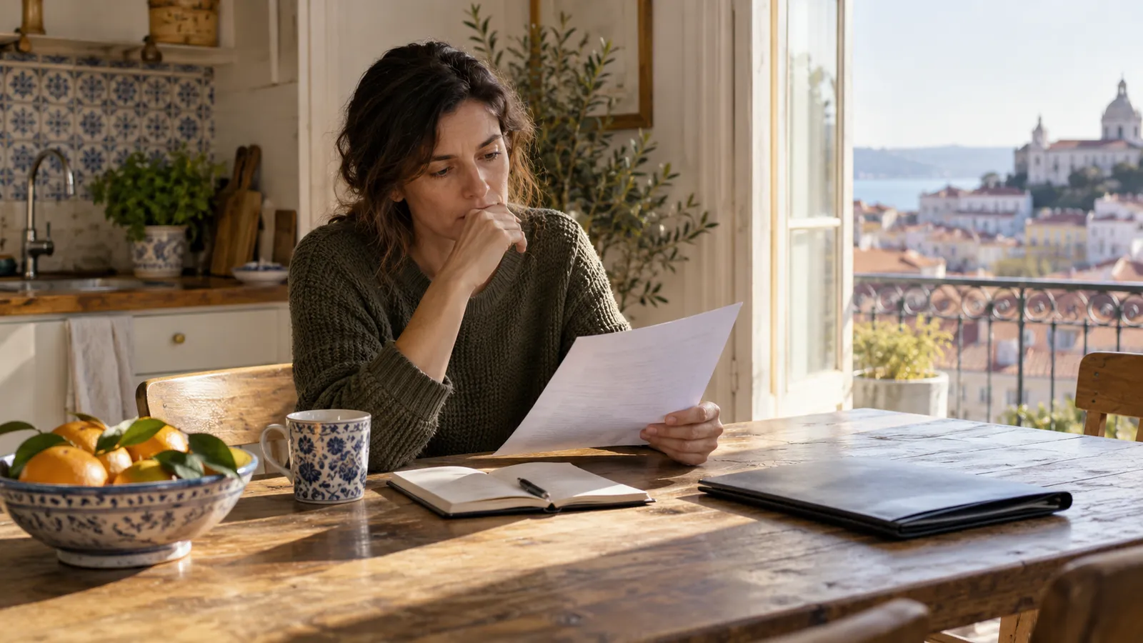 An adult reading a letter at a kitchen table with a notebook and closed document folder.