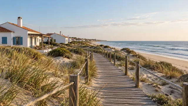 A timber boardwalk through coastal dunes beside whitewashed beach houses