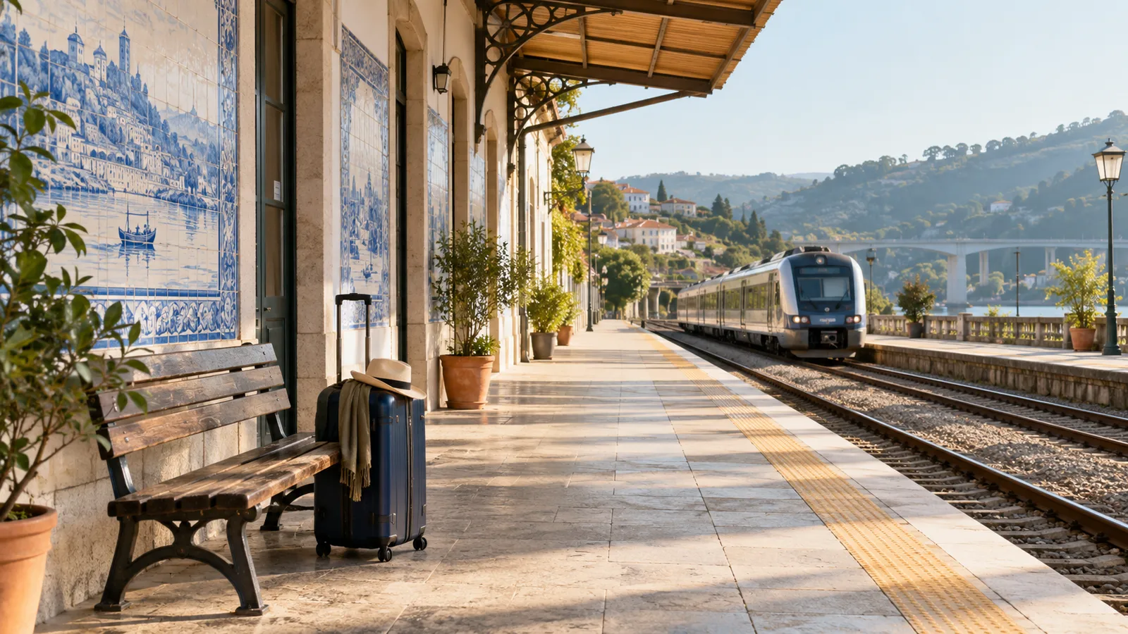 A suitcase beside a railway platform with traditional tiles