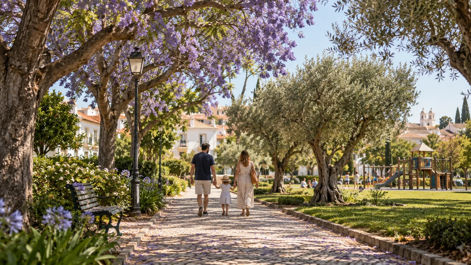 A family walking through a leafy neighbourhood park