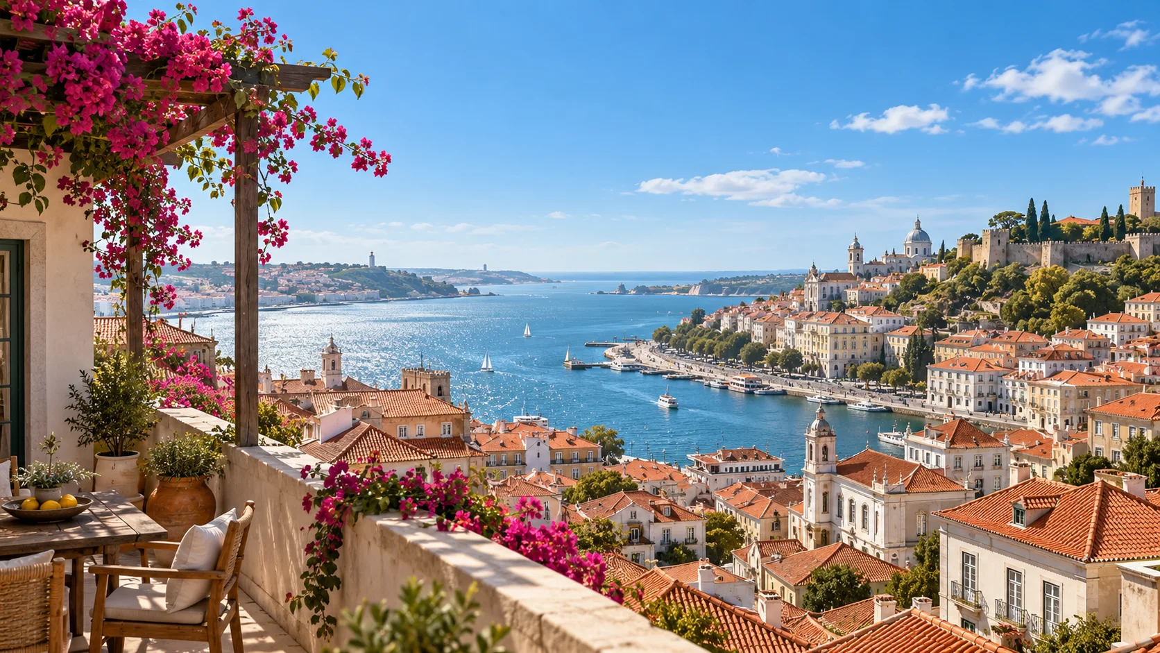 Coastal city rooftops and a broad blue river