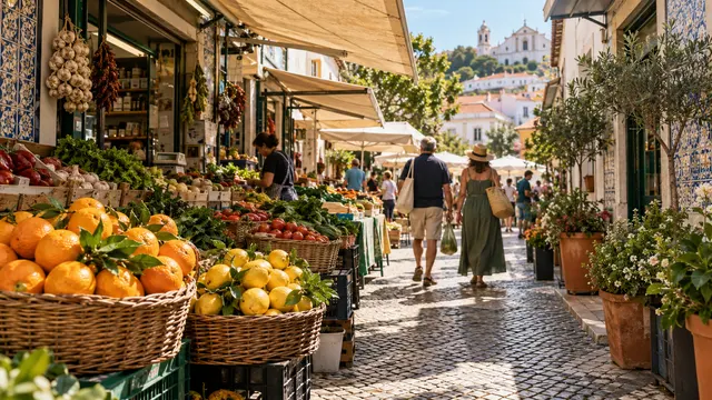 Fresh produce and shoppers at a neighbourhood market