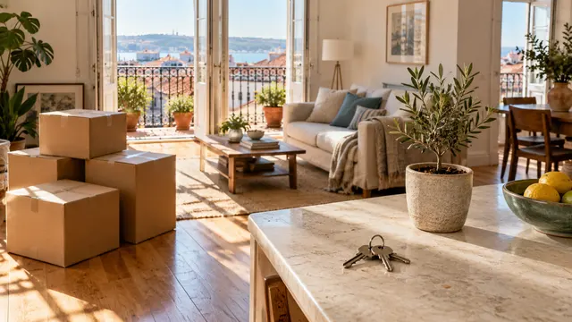 Moving boxes and keys in a bright apartment