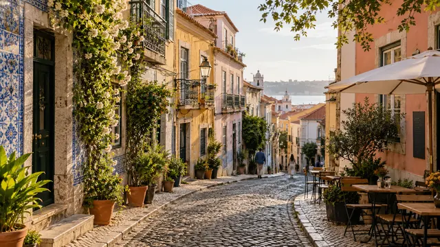 A cobbled neighbourhood street with tiled facades and a cafe