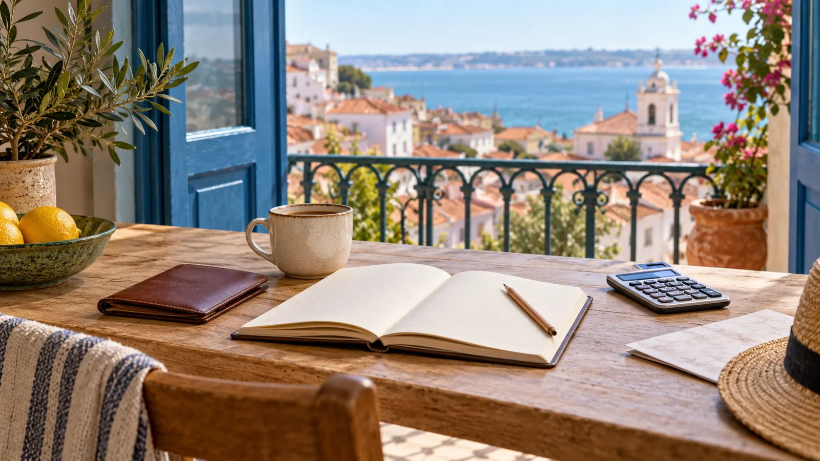 A notebook and calculator beside a balcony