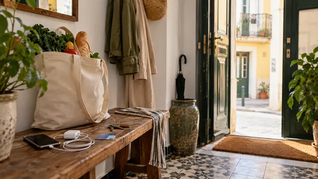 An arrival checklist scene in a welcoming apartment entrance.