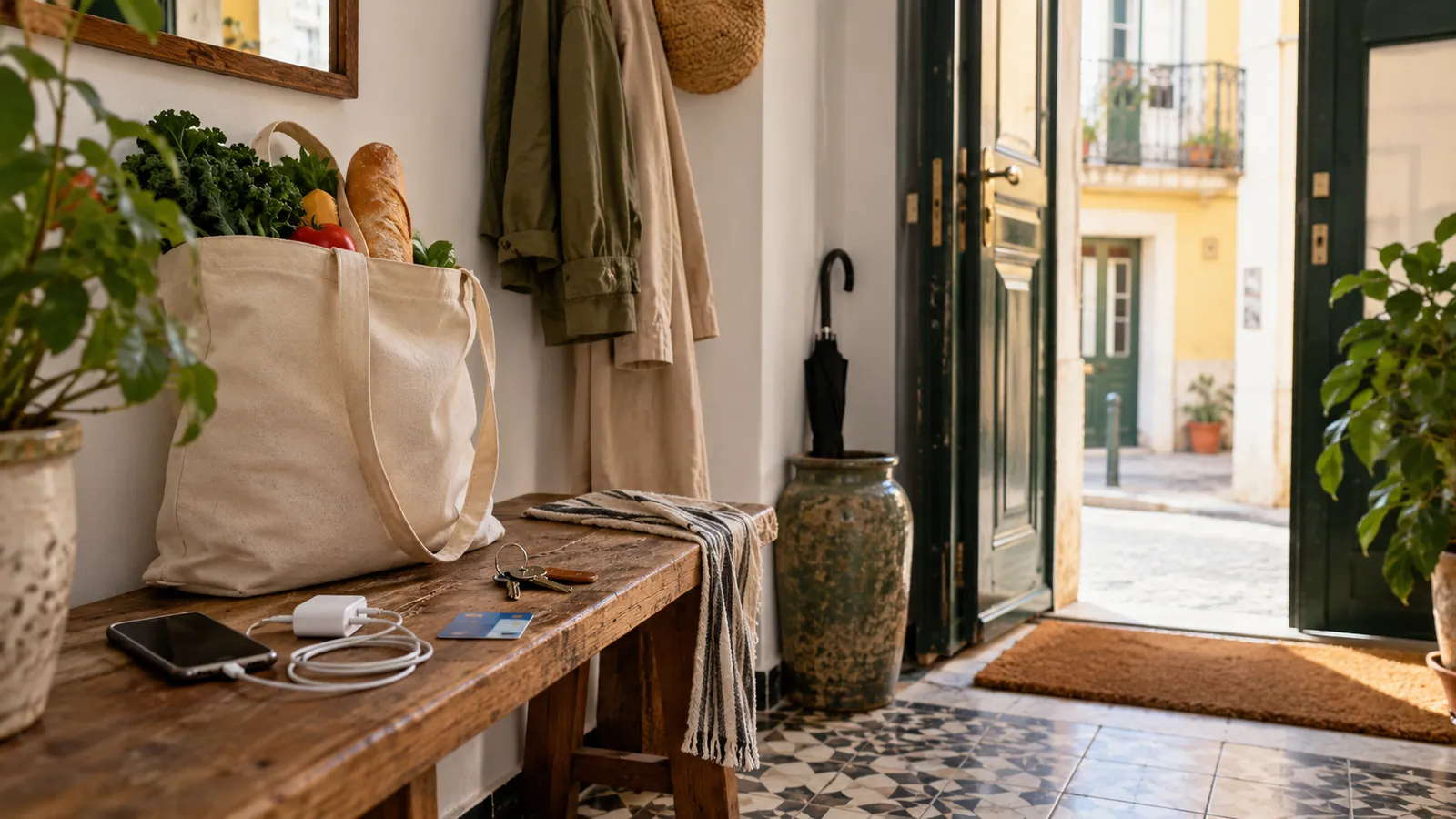 An arrival checklist scene in a welcoming apartment entrance.