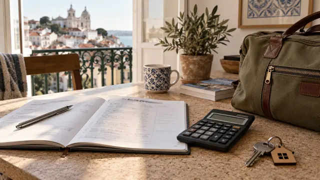 An open moving-cost workbook with text blurred beside an unbranded calculator.