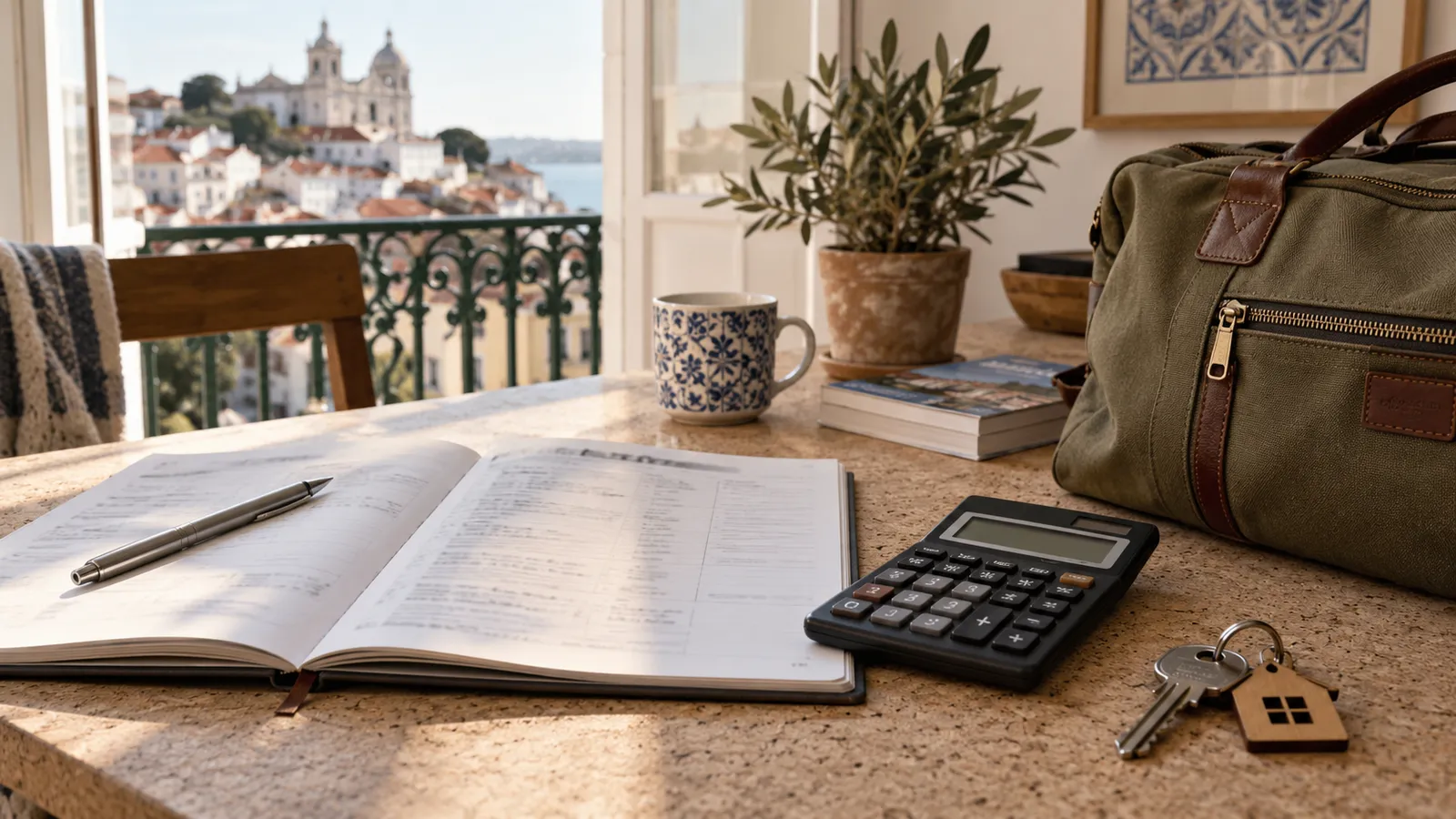 An open moving-cost workbook with text blurred beside an unbranded calculator.